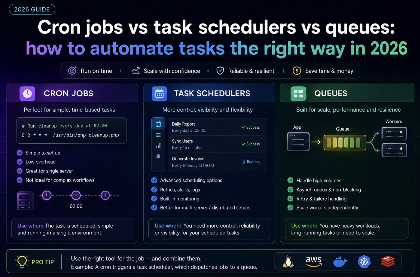 Cron jobs vs task schedulers vs queues: how to automate tasks the right way in 2026